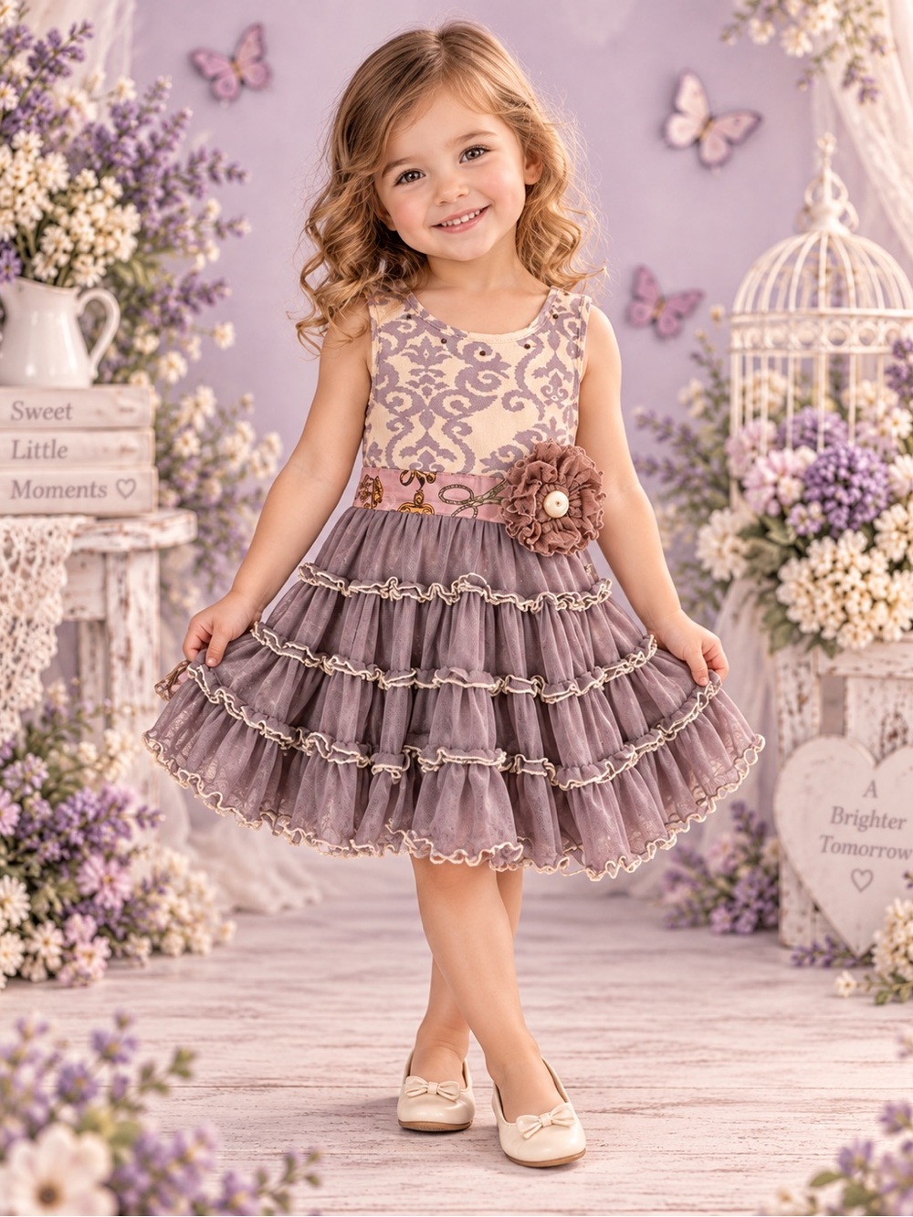 Mustard Pie Girls 3T Lavender Ruffle Tiered Boho Boutique Dress Flower